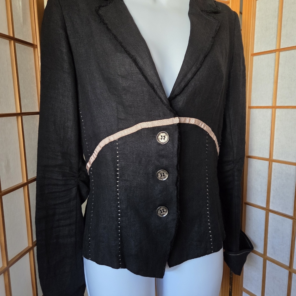 NWT WOMENS PERSONA GRATA MADE IN ITALY BLACK LINEN STYLISH BLAZER SIZE 4/XS - Picture 2 of 9